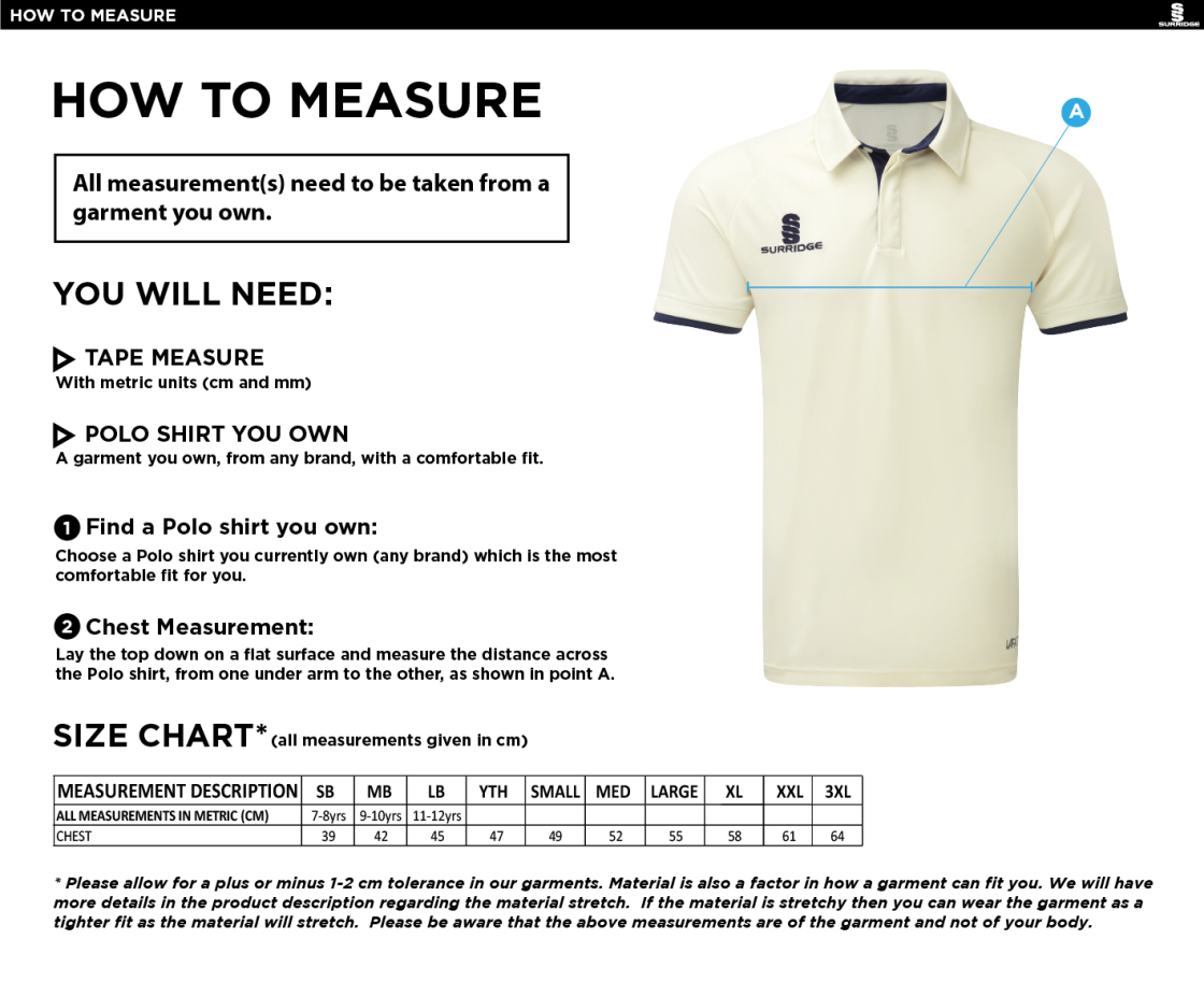 Sandbach School Short Sleeved Cricket Shirt - Size Guide