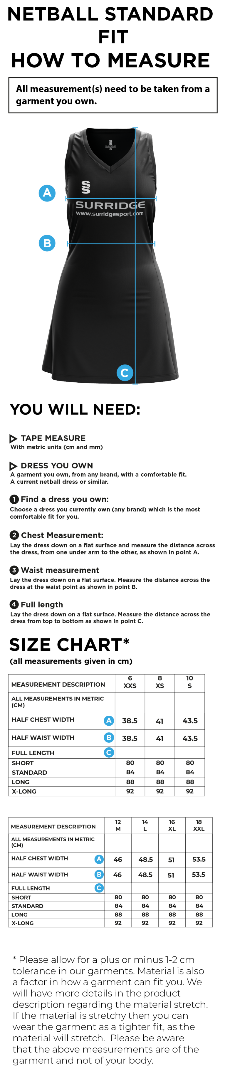 SANDBACH SCHOOL NETBALL DRESS - Size Guide