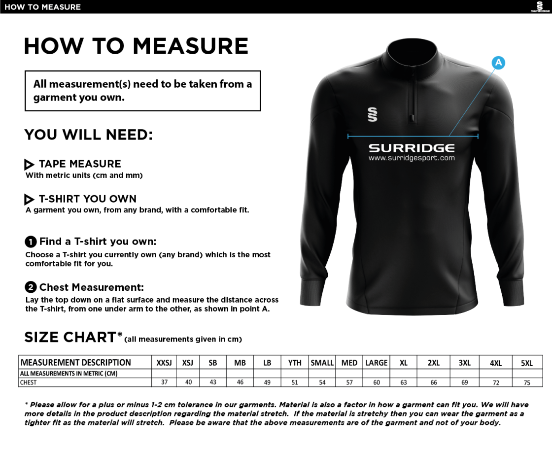 Talented Athlete Programme - 1/4 Zip Dual Performance Top - Unisex Fit - Size Guide