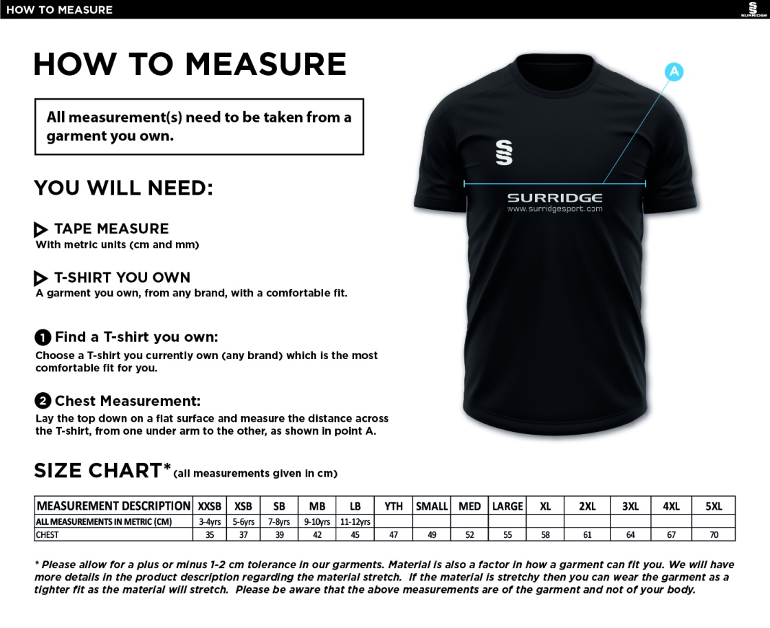 Talented Athlete Programme - Dual Games Shirt - Unisex Fit - Size Guide