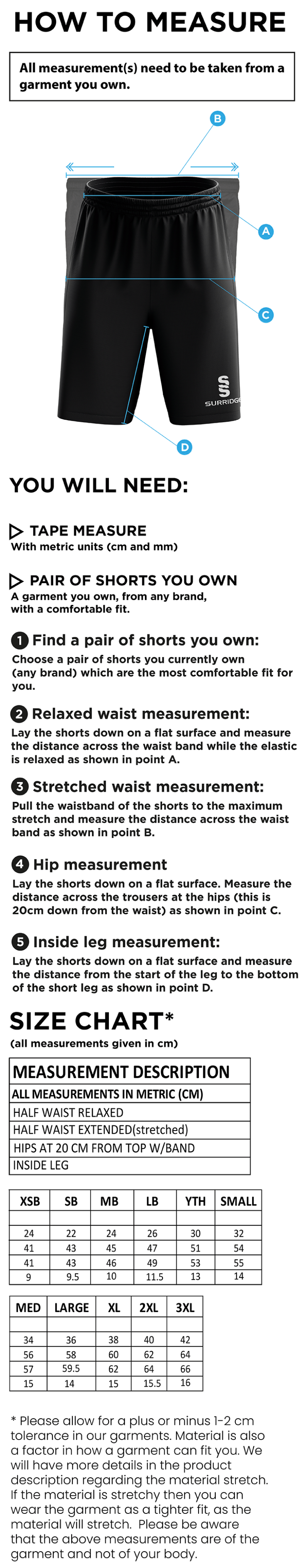 Sandbach School Senior Game Short - Size Guide