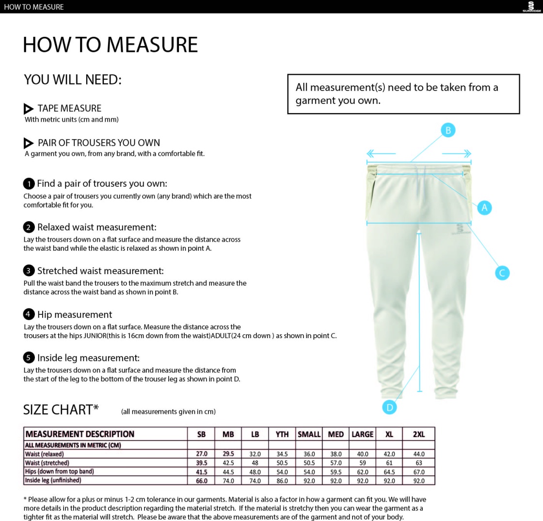 Sandbach School Cricket Pants - Size Guide