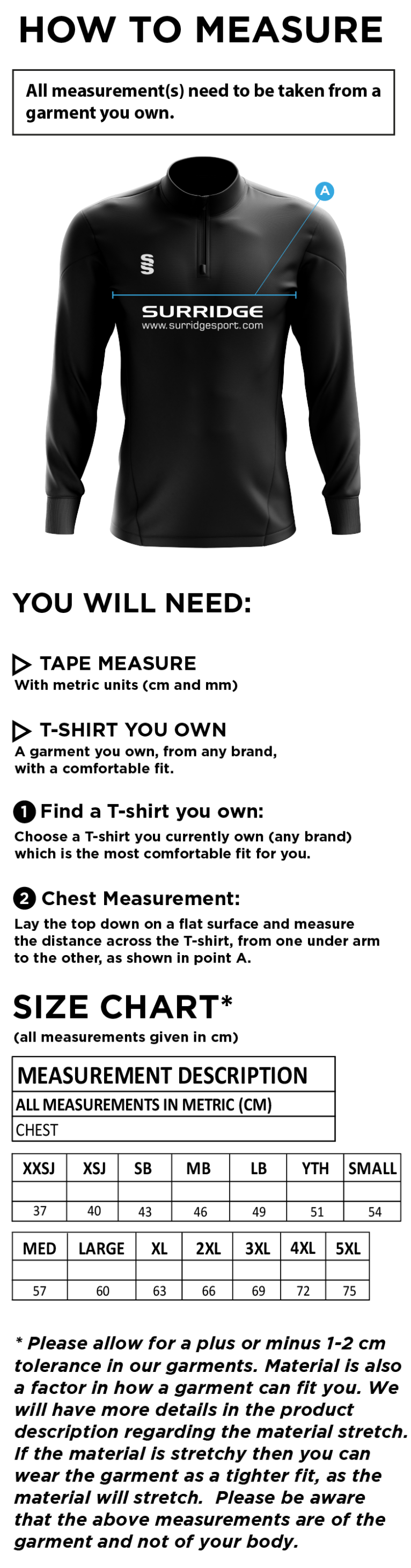 Talented Athlete Programme - Fuse Performance Top - Size Guide