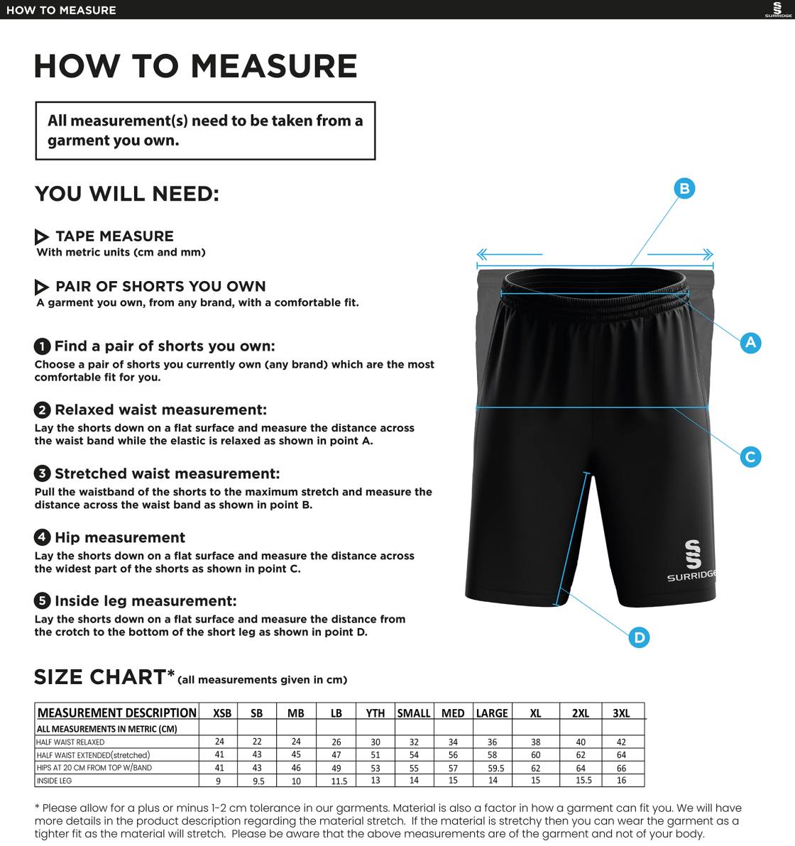 Sandbach School Senior Game Short - Size Guide