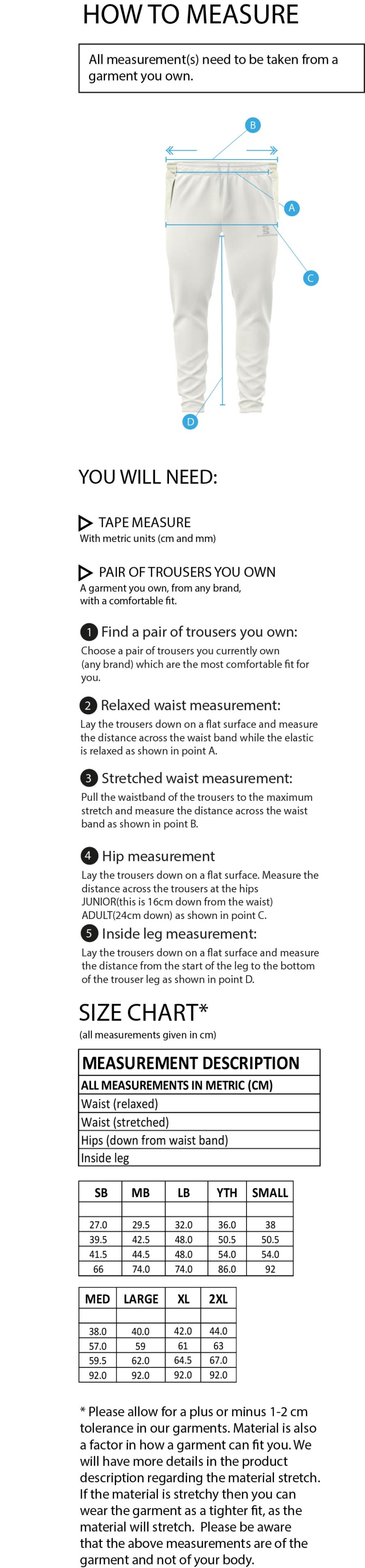 Sandbach School Cricket Pants - Size Guide